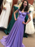 A Line Off the Shoulder Purple Satin V Back Beadings Prom Dress LBQ3975